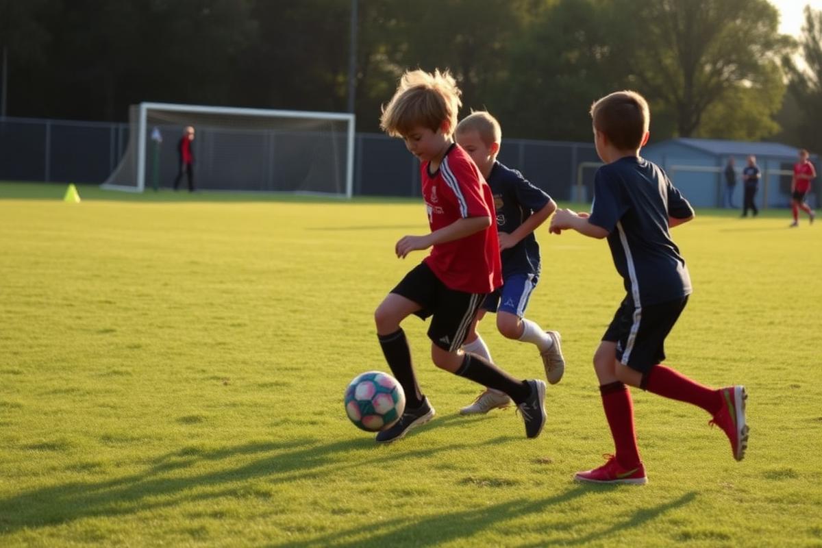 Děti hrají fotbal na trávníku v podvečerním světle
