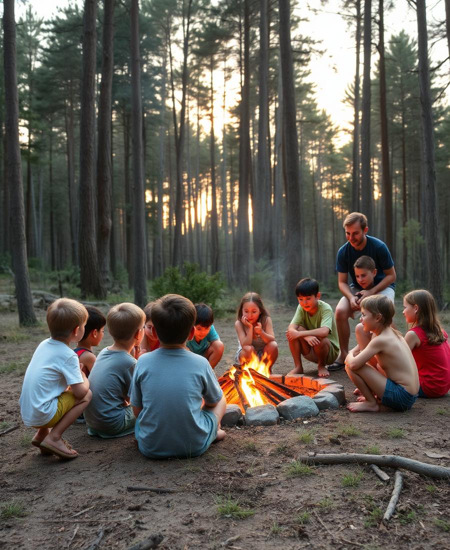 Děti sedí u táborového ohně v lese s instruktorem