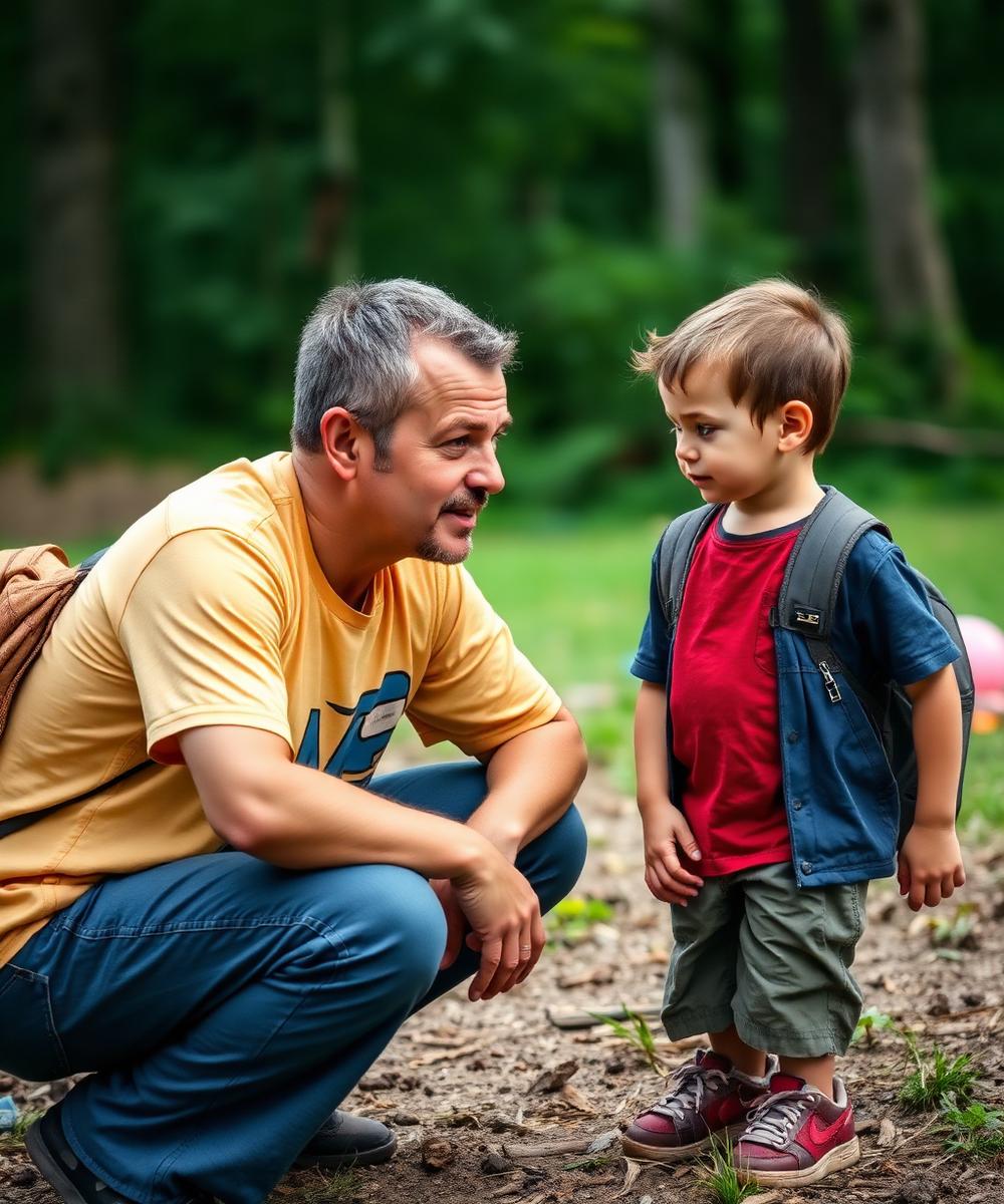 Instruktor si v přírodě povídá s dítětem během táborového programu